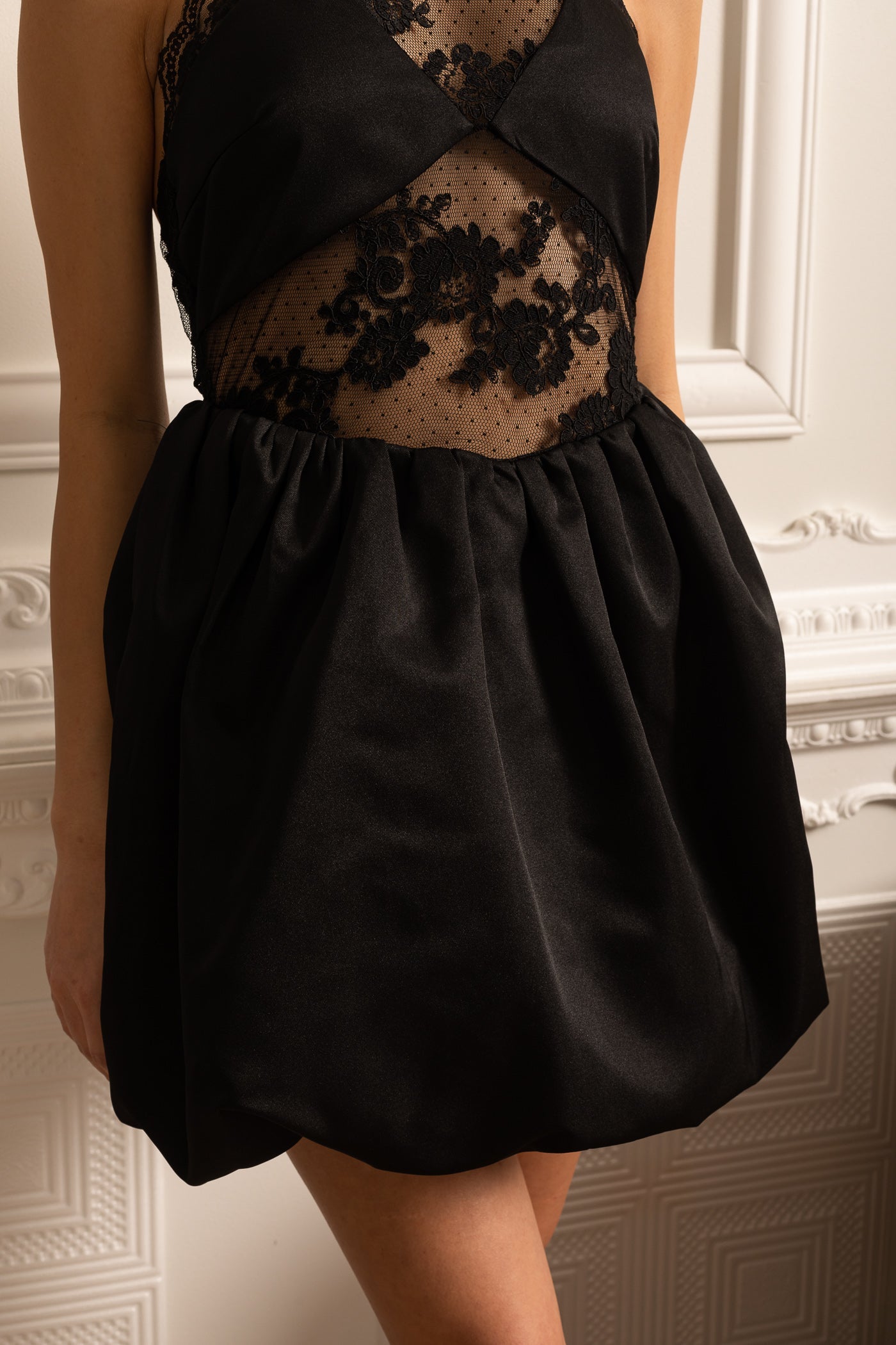 Mini Dress With Ruffled Skirt And Sheer Floral Lace Patterns - Black