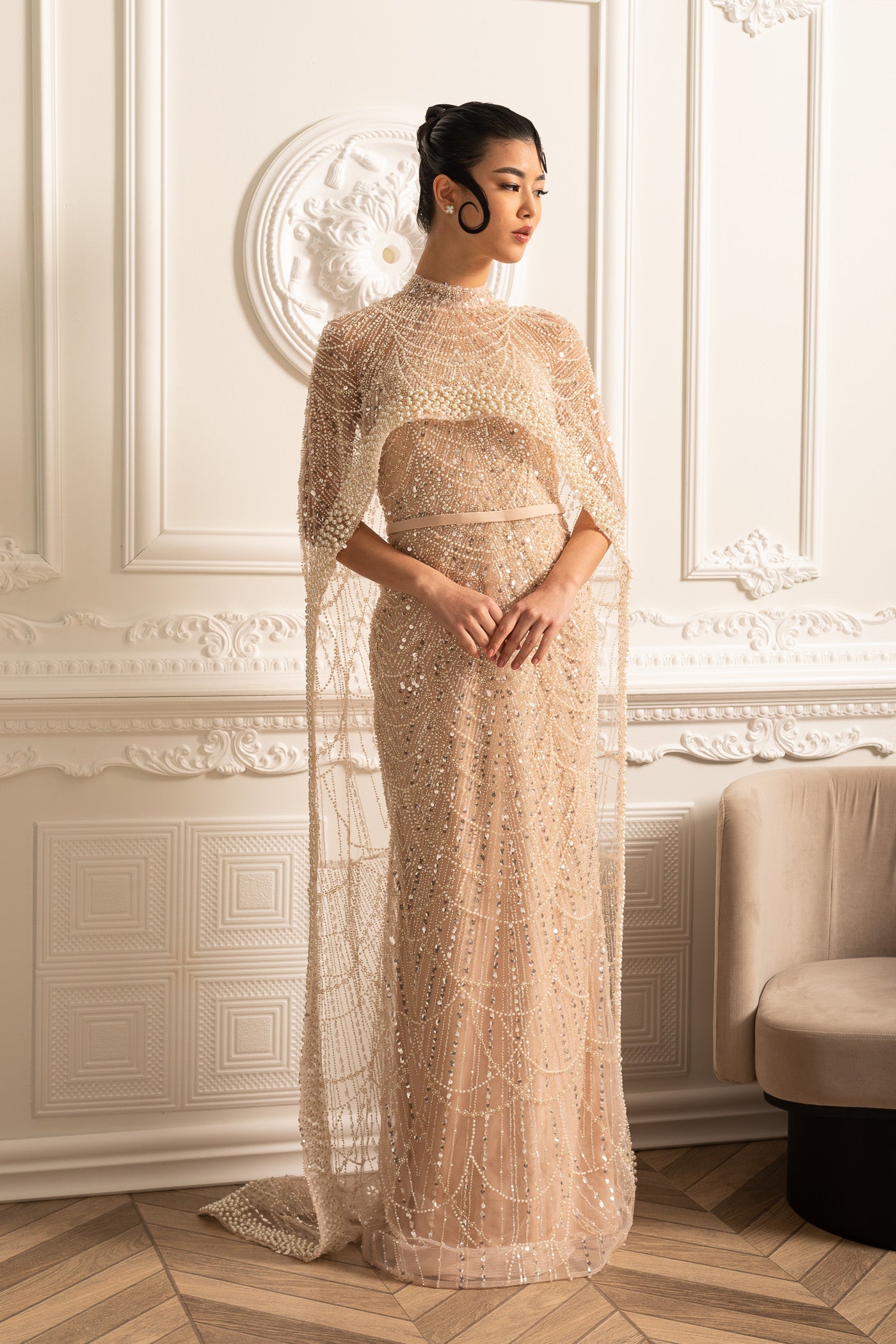 Glamourous Beaded Gown With Detachable Veil - Beige