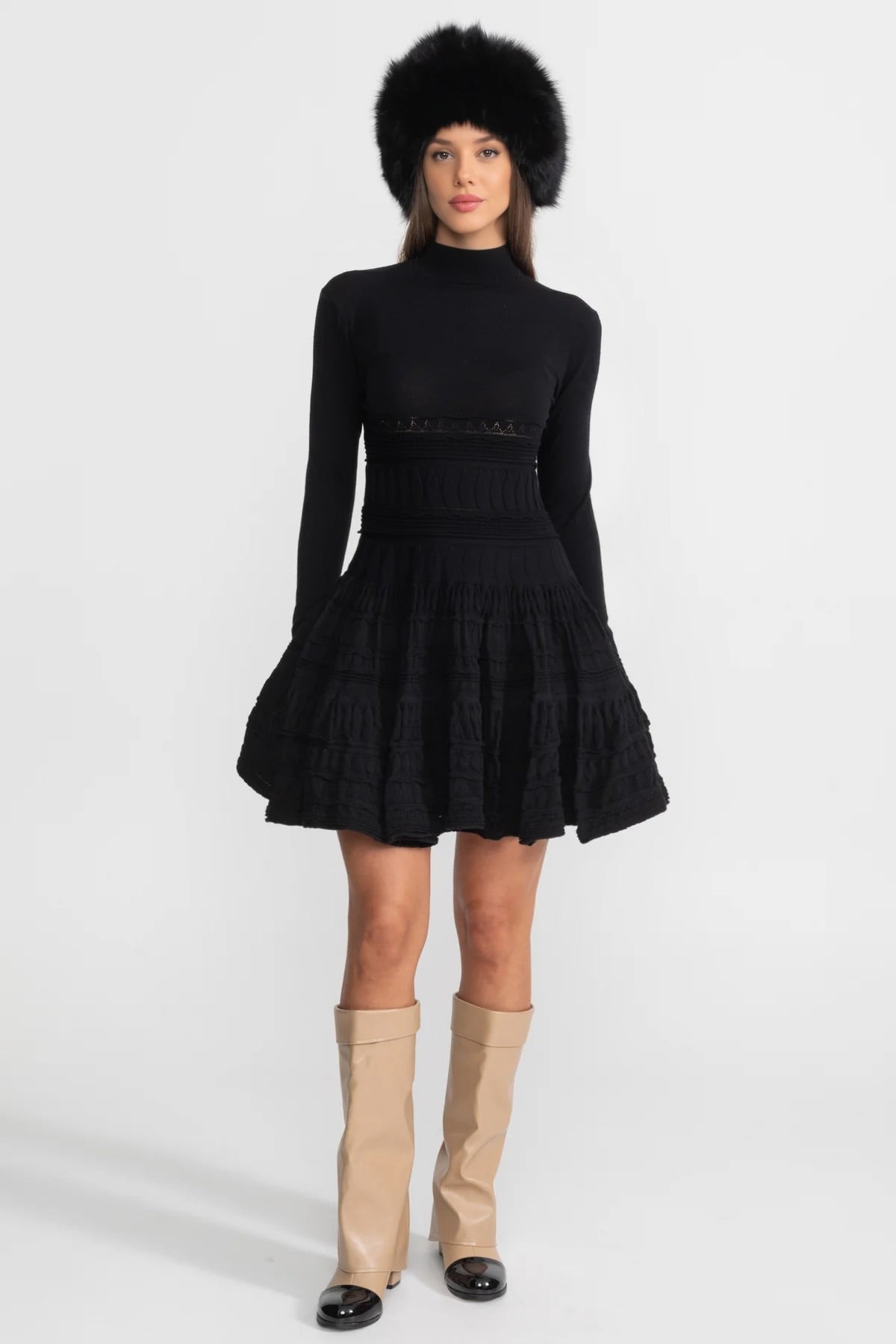 Textured Knit Mini Dress with Flared Skirt - Black