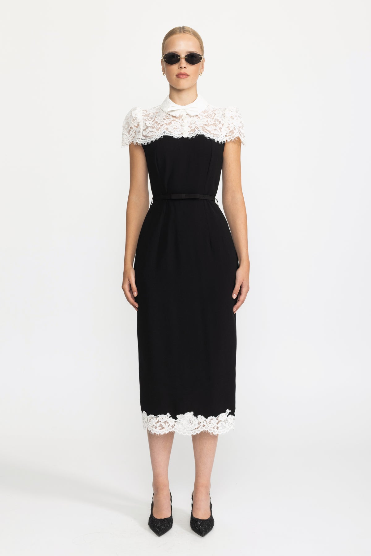 Lace Yoke Bow Collar Crepe Midi Dress - Black