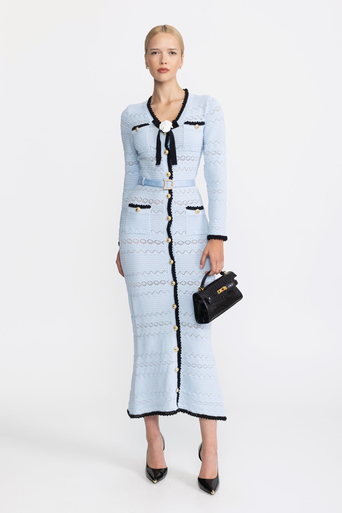 Crochet Trim Knit Button Midi Dress with Flower Brooch - Light Blue
