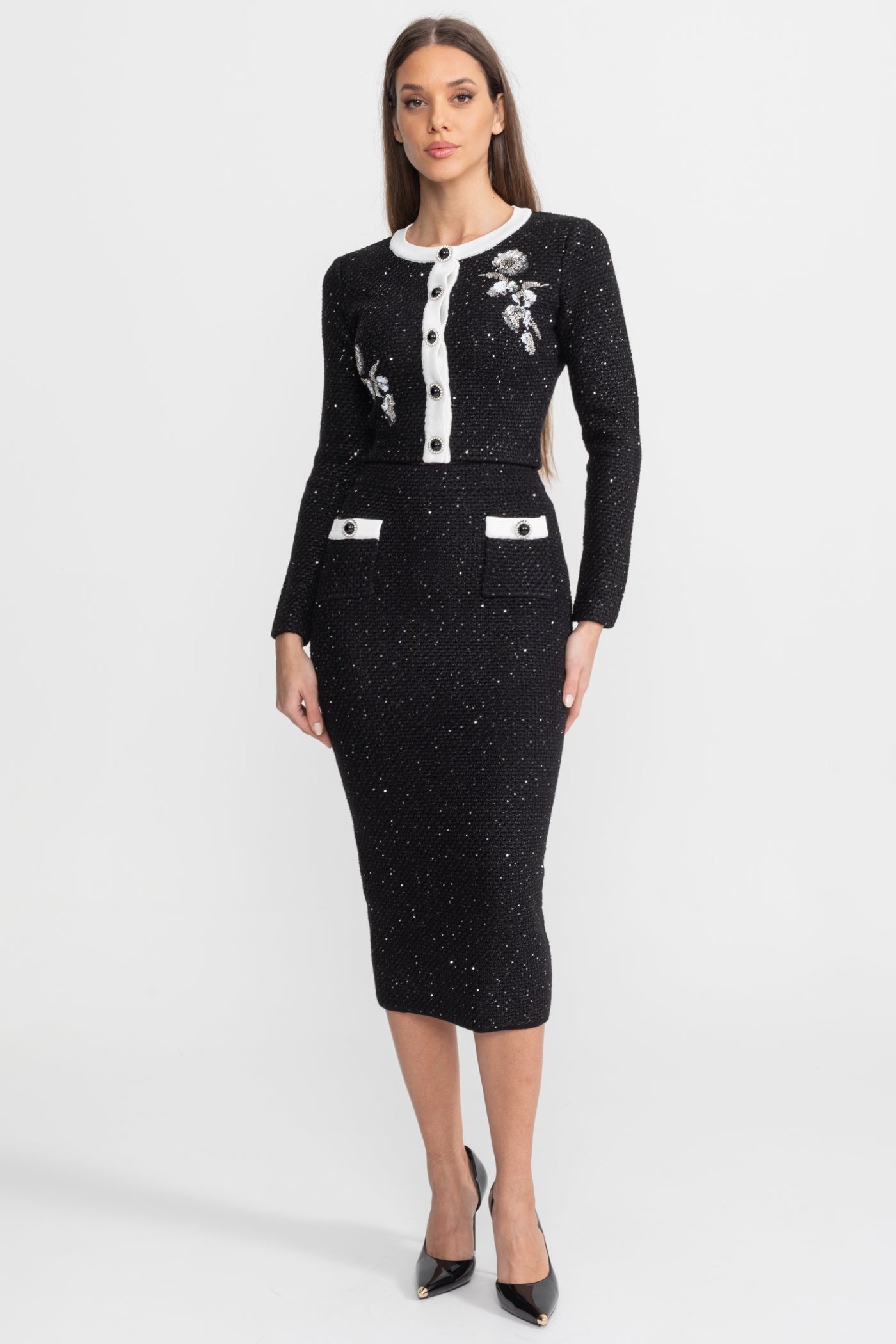 Embroidered Tweed Knit Co-Ord Set with Contrast Trim – Black