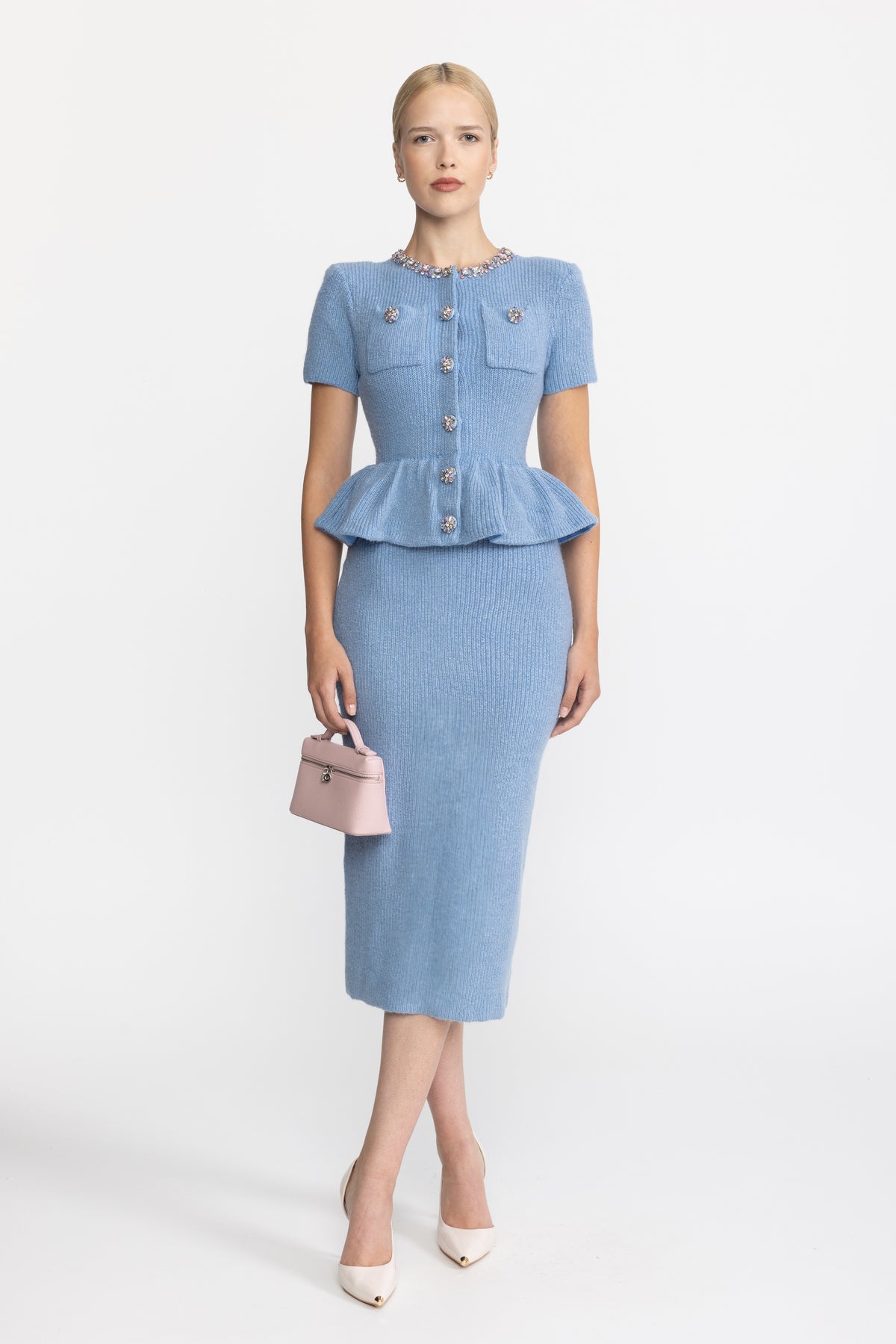Crystal Embellished Knit Peplum Midi Dress - Light Blue
