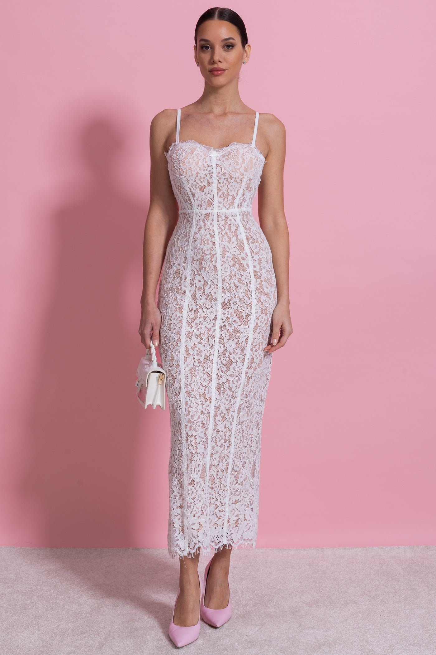 Lace Midi Dress With Sheer Corset Bodice - White