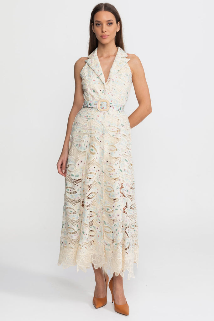 Halter Lace Midi Dress with Belted Waist – Ivoire