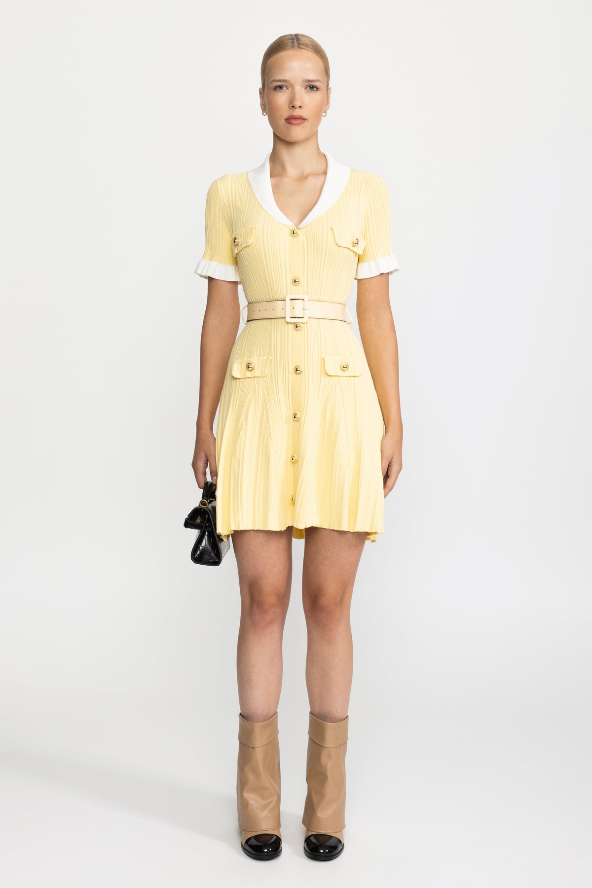 Ribbed Knit Contrast Collar Belted Mini Dress - Yellow