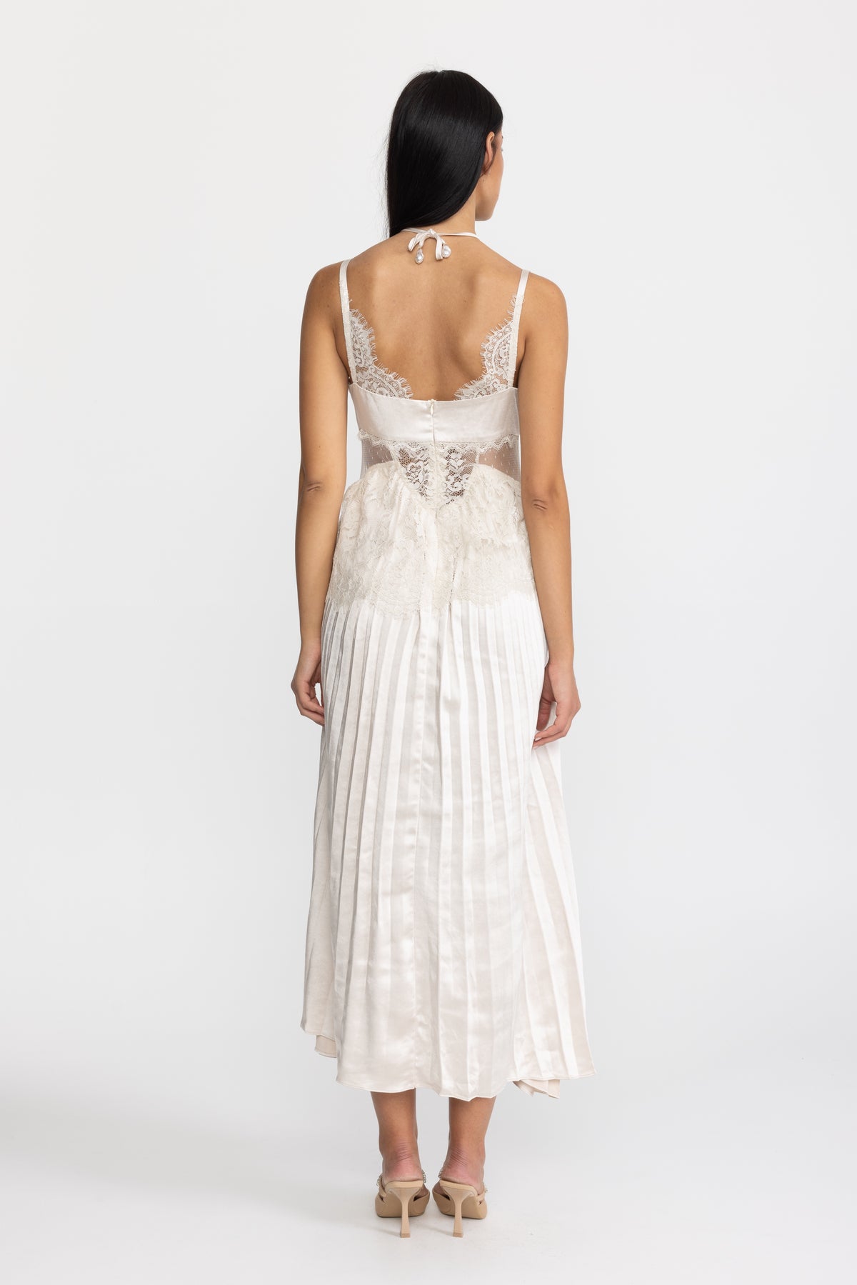 Lace Insert Satin Halter Pleated Midi Dress - Ivoire