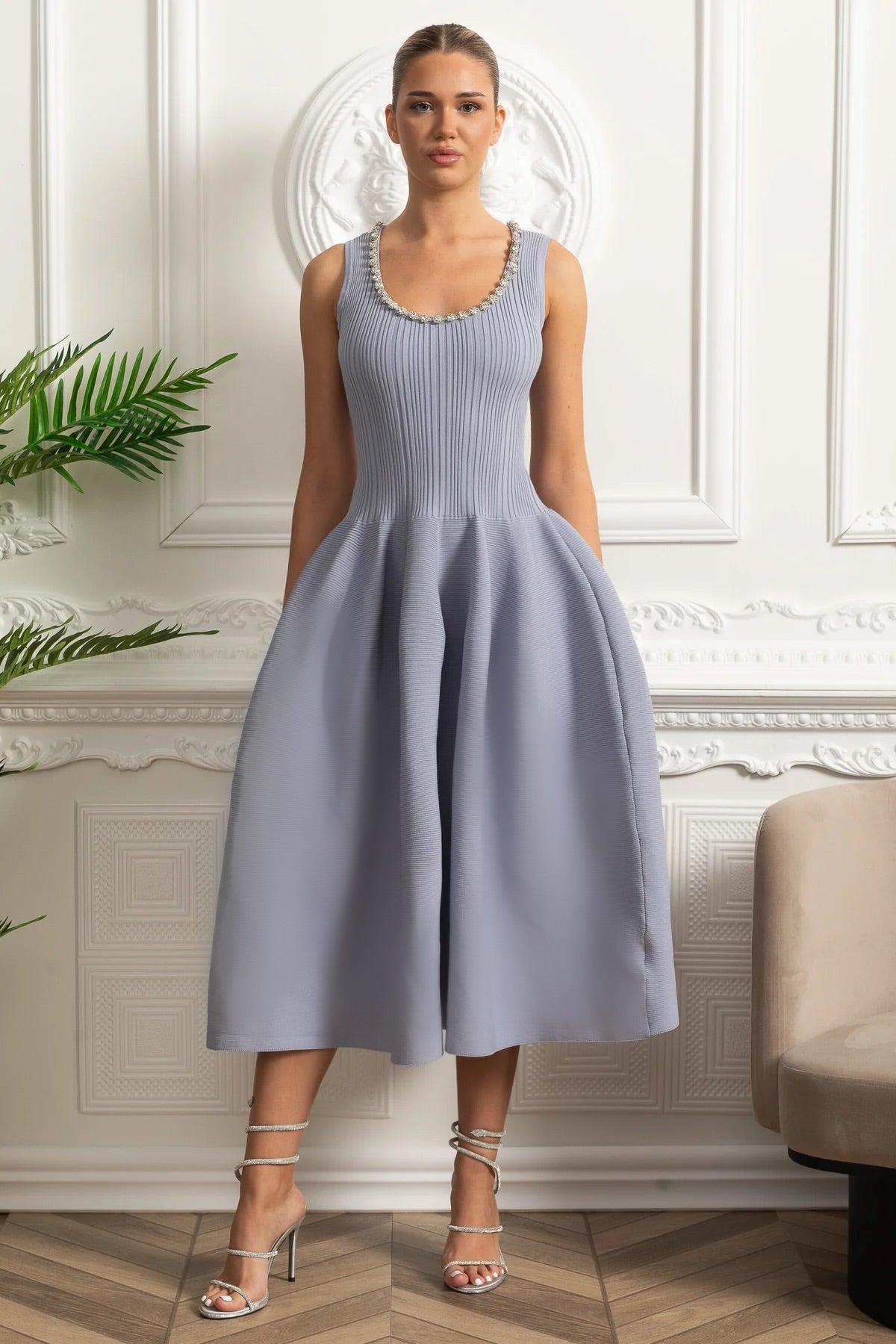 Beaded Scoop-Neck Ribbed Midi Dress - Baby Blue