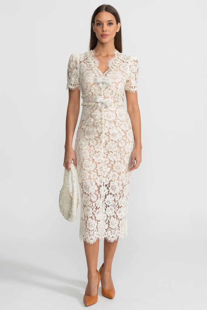 Embellished Lace Midi Dress With Bow Detailing – Ivoire
