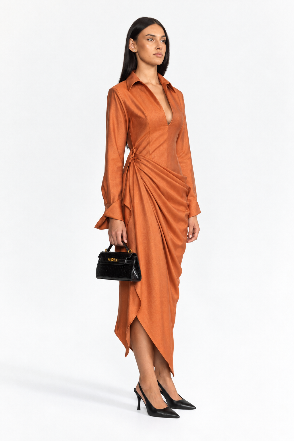 Plunge Collar Draped Wrap Maxi Dress - Burnt Orange