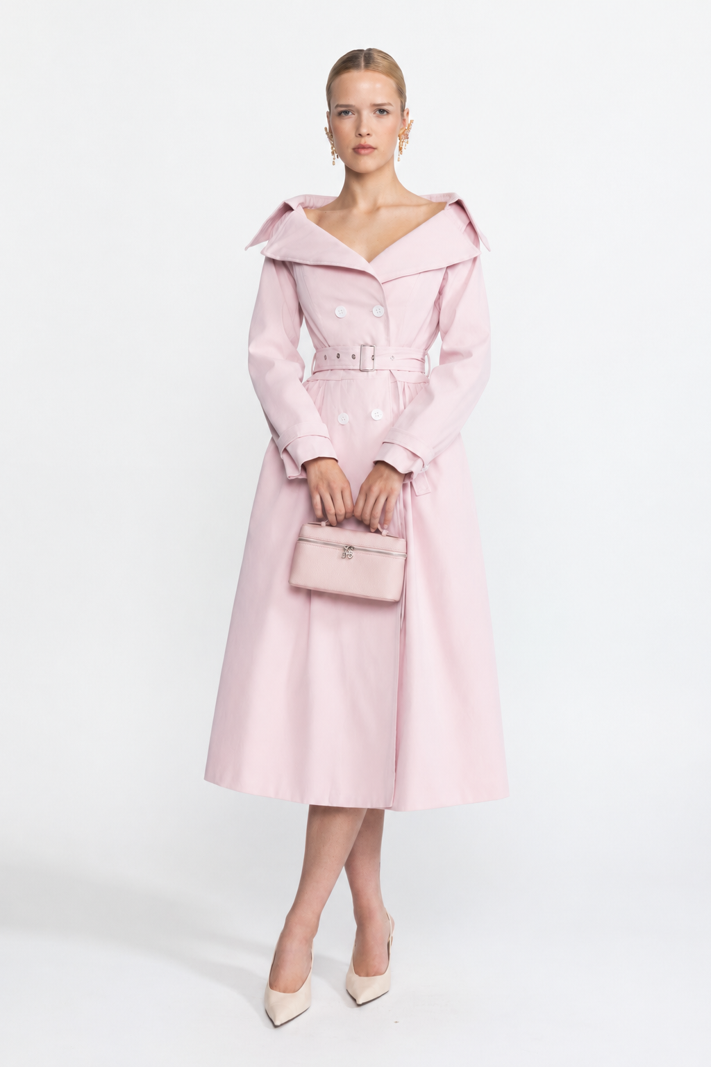 Off-Shoulder Collar Belted Trench Dress - Pink