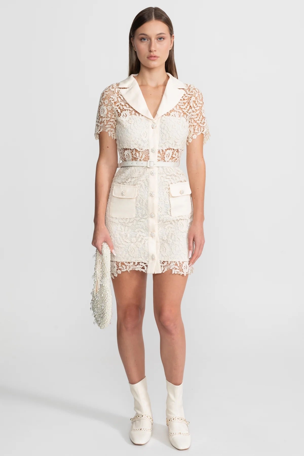 Lace Mini Dress with Contrast Collar and Jewel Buttons - Ivoire