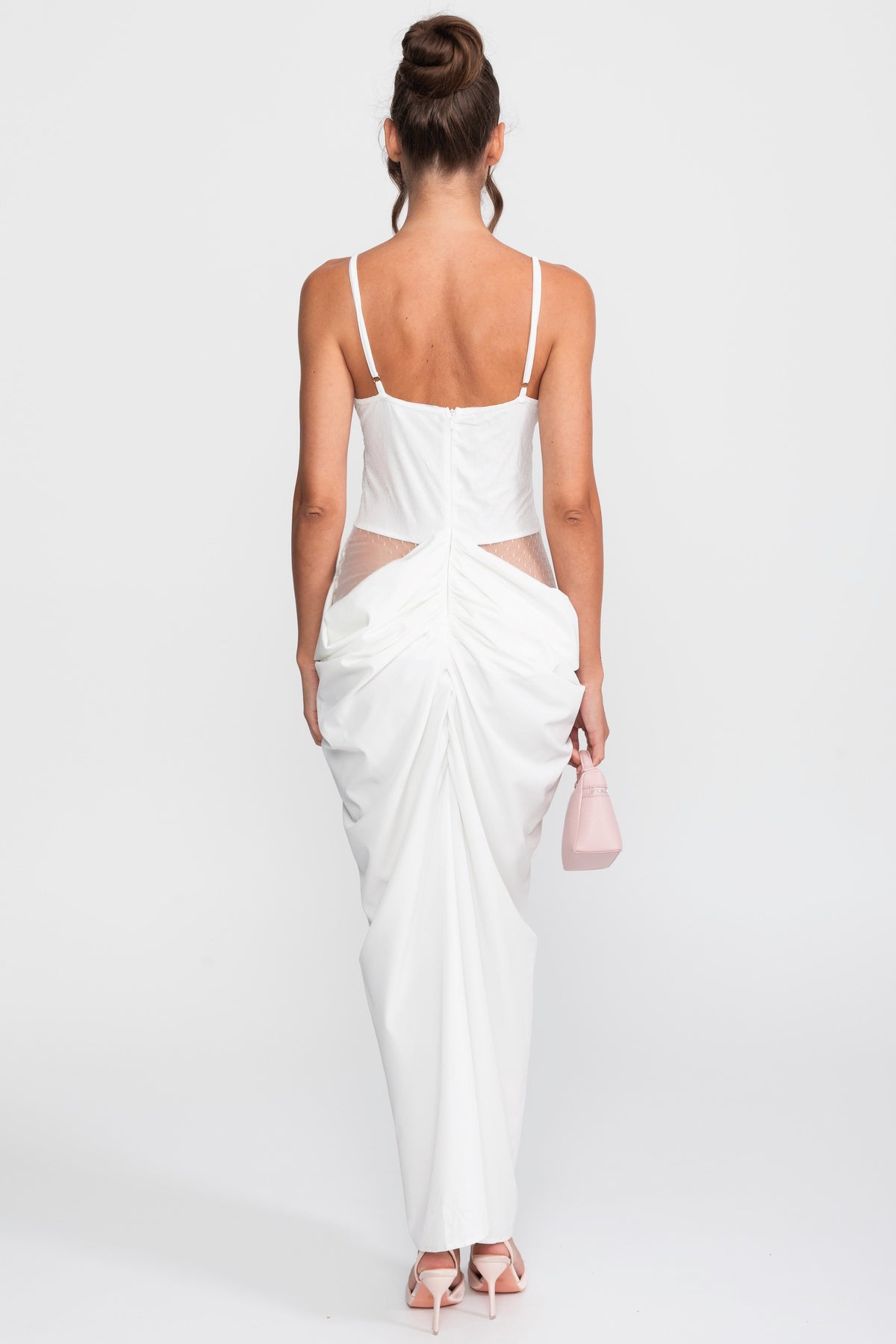 Lace Bodice Draped Gown With Spaghetti Straps - White