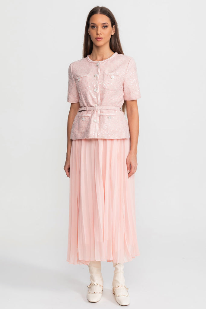 فستان تويد متوسط الطول مزين مع تنورة شيفون مطوية – Blush Pink 
