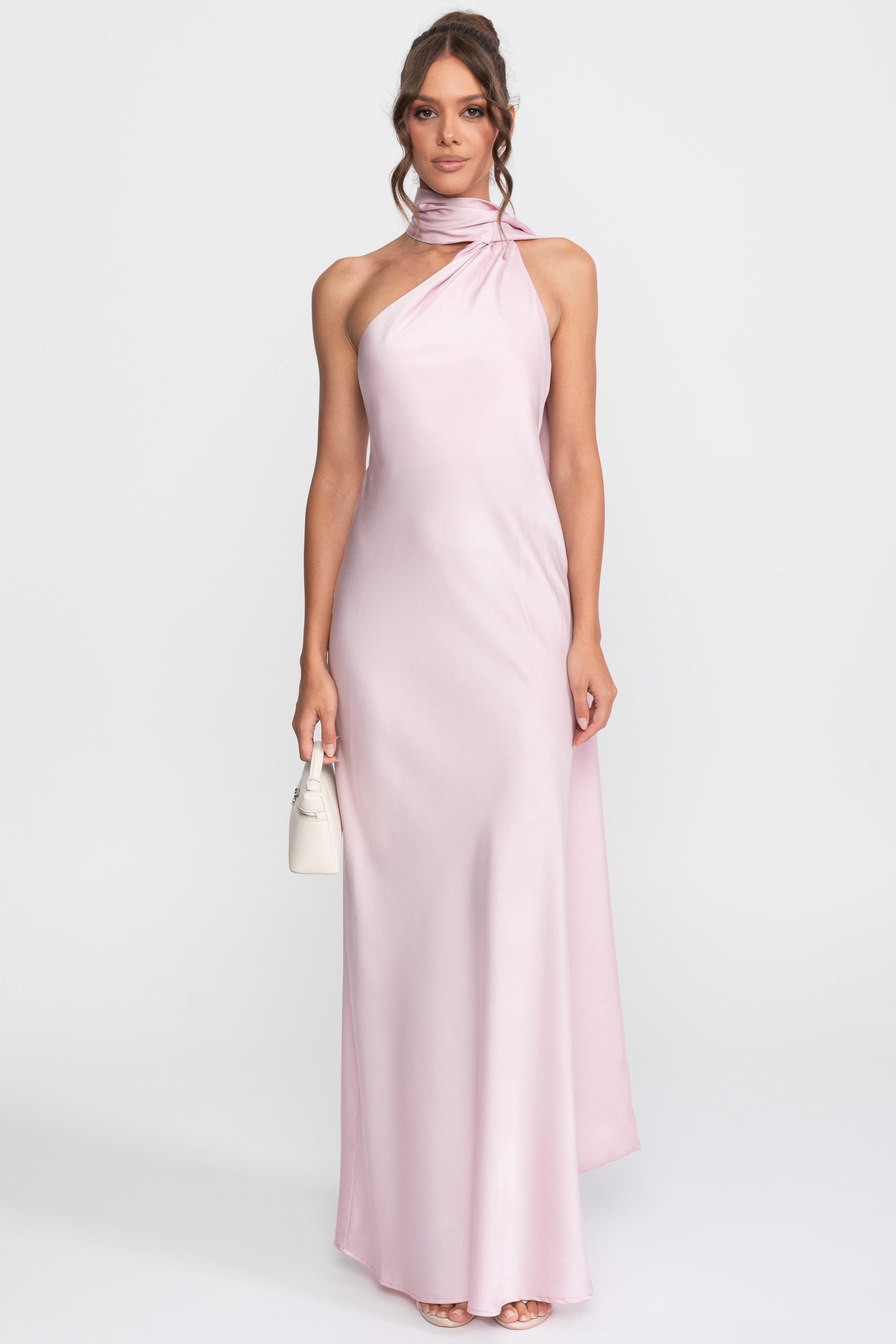 فستان سليب ساتان برباط حول الرقبة مع ياقة غير متماثلة - Pink 