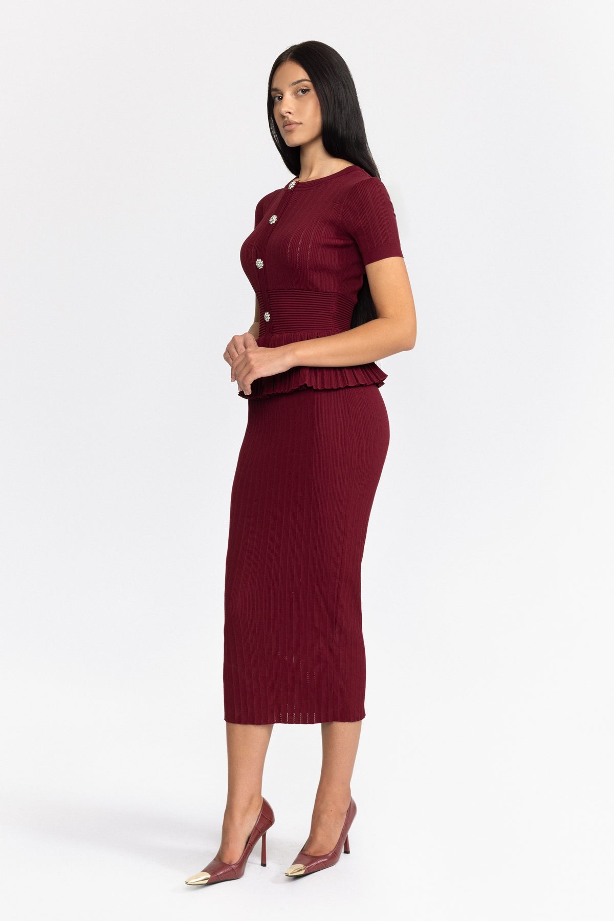 Pleated Peplum Knit Pencil Midi Dress - Wine