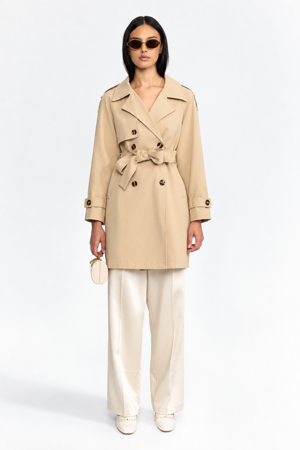 Pleated Back Belted Trench Coat - Khaki