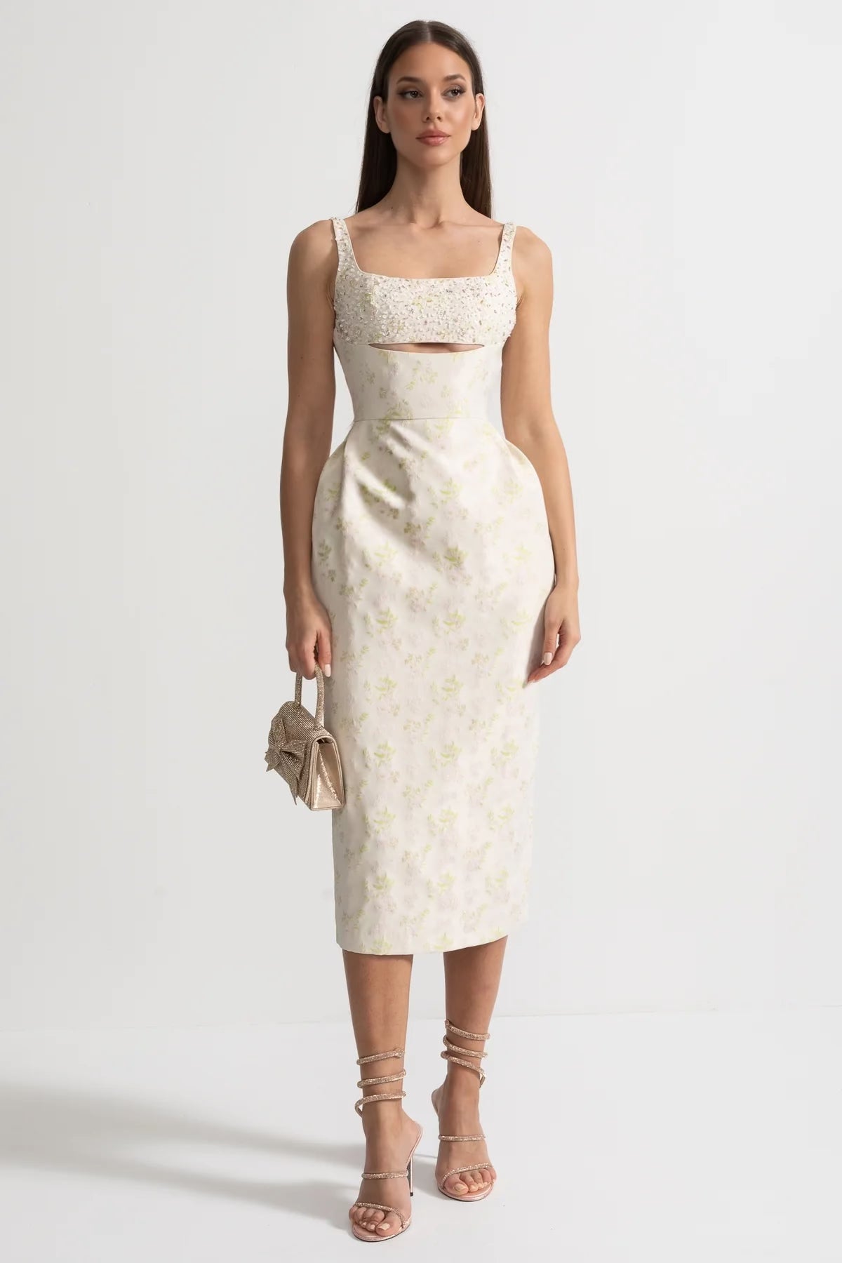 Sleeveless Midi Dress With Square Neckline, Subtle Floral Pattern And Front Cutout - Ivoire