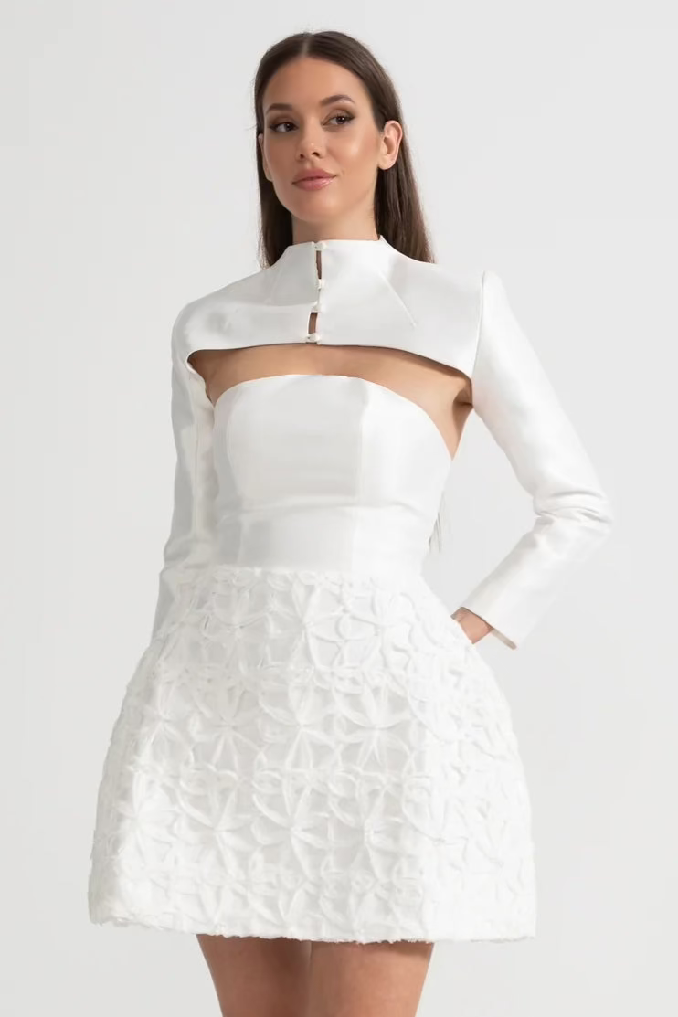 Textured Mini Dress with Detachable Sculptural Shoulder Bolero - White