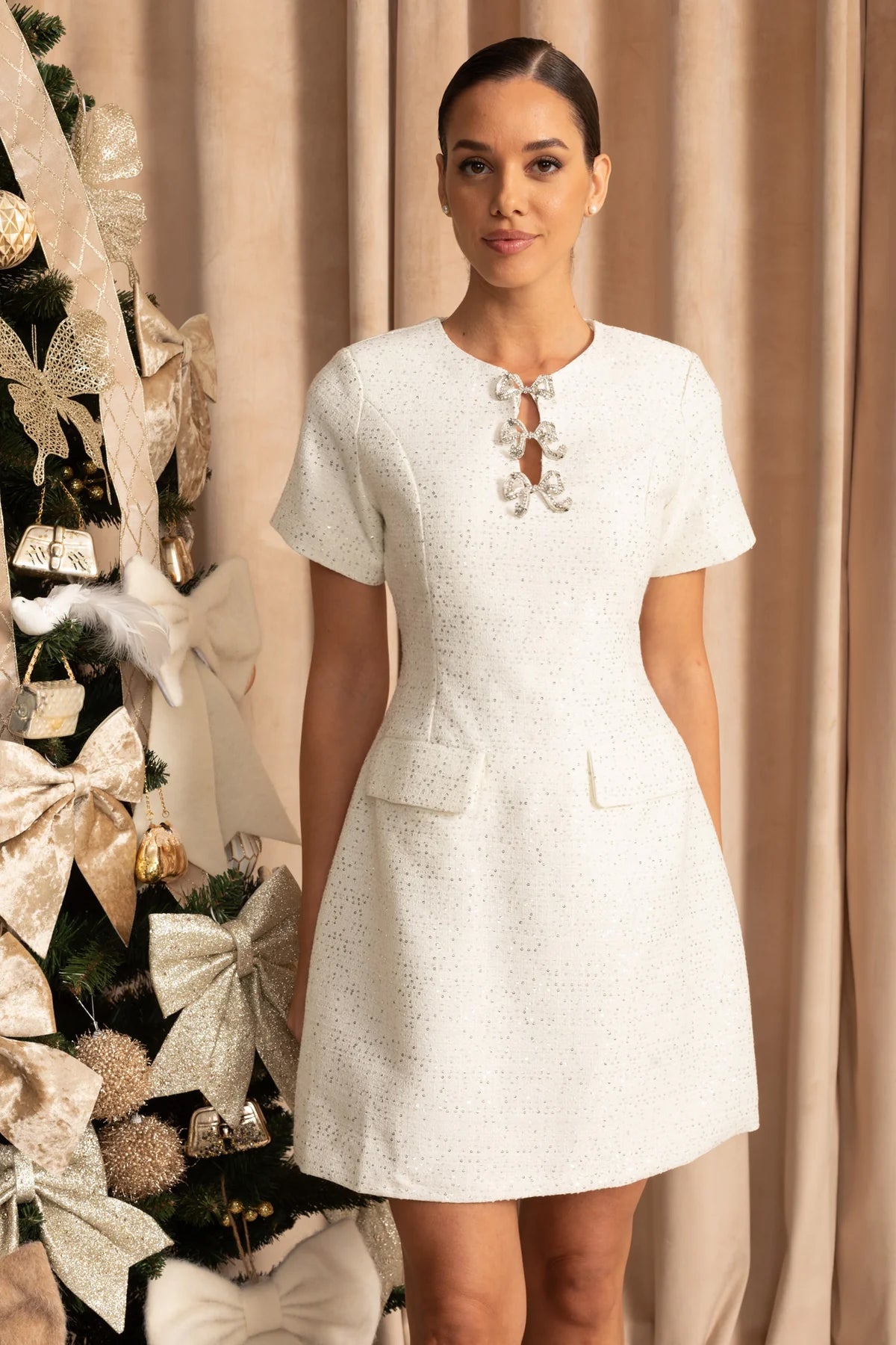 Sequin Mini Dress with Crystal Bow Accents - White