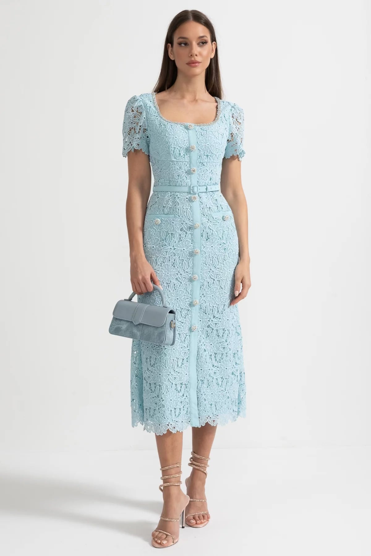 Delicate Azure Lace Midi Dress - Baby Blue