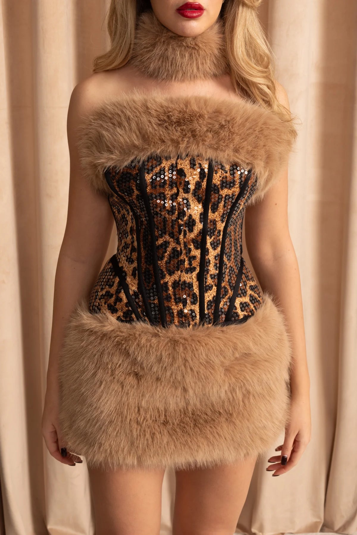 Leopard Sequin Co-Ord With Faux Fur Trim – Beige