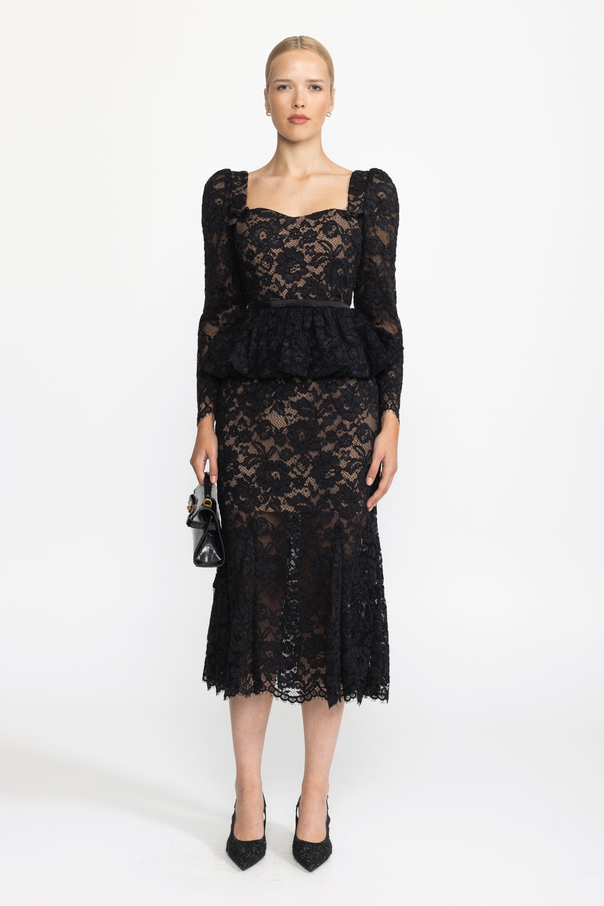 Lace Sweetheart Peplum Midi Dress with Puff Sleeves - Black