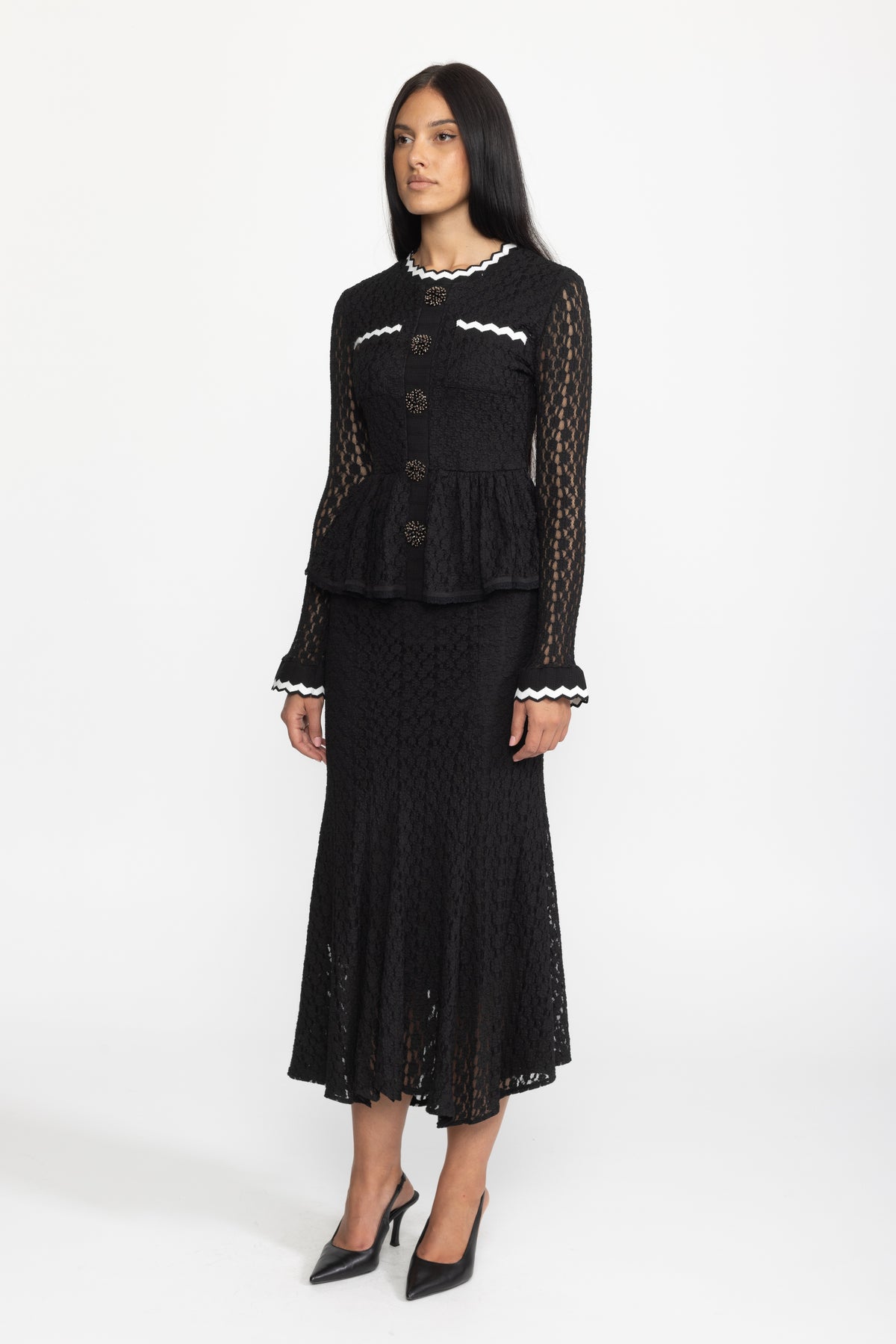Crochet Knit Peplum Midi Dress with Ric-Rac Trim - Black