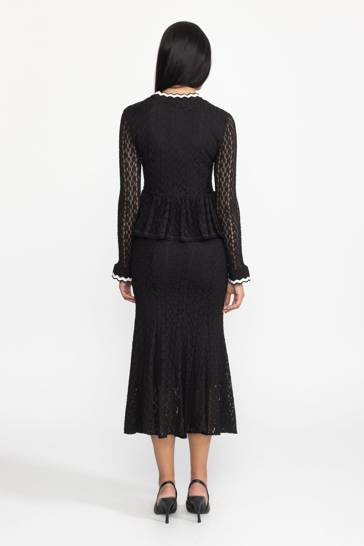 Crochet Knit Peplum Midi Dress with Ric-Rac Trim - Black