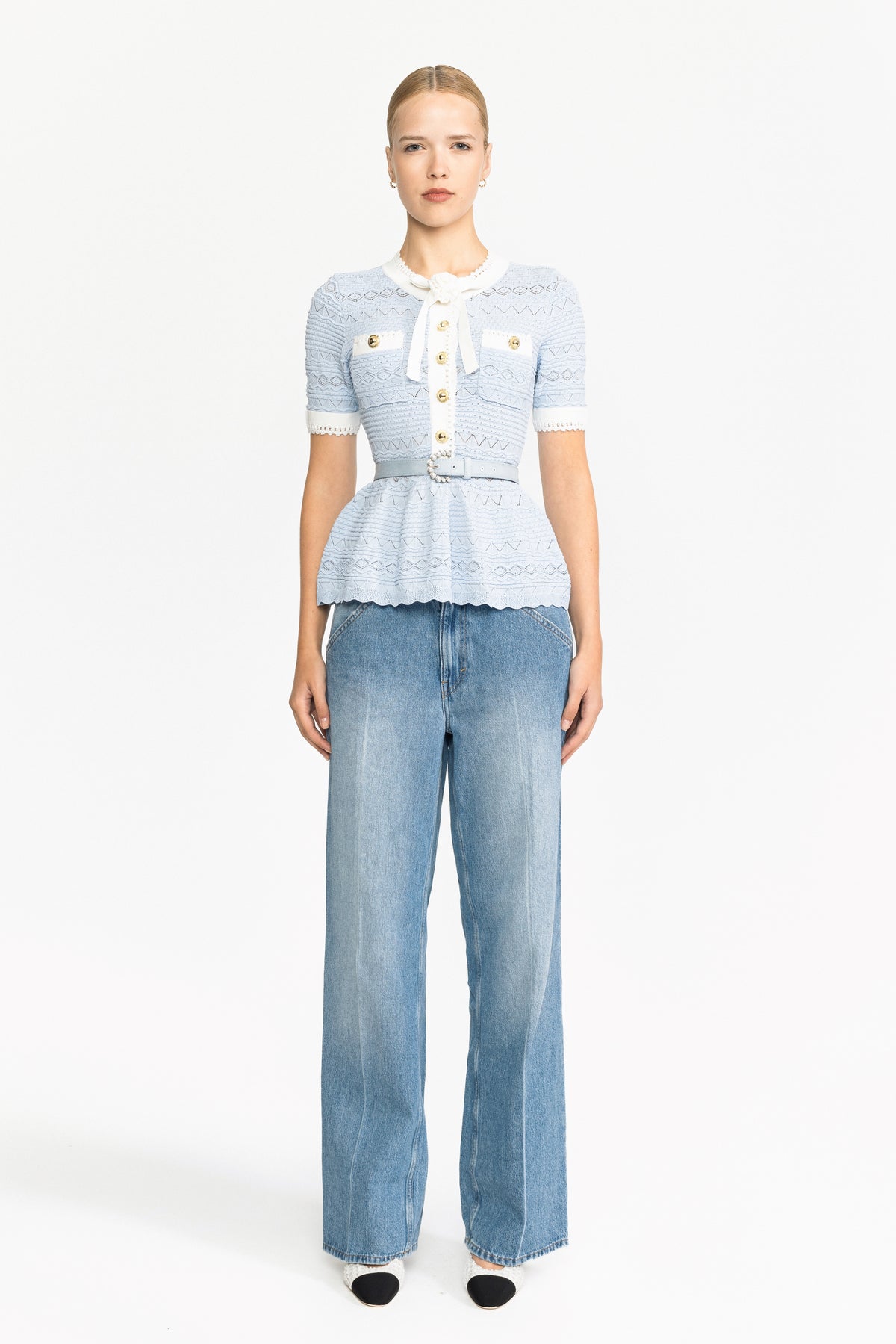 Pointelle Knit Bow Peplum Top - Light Blue