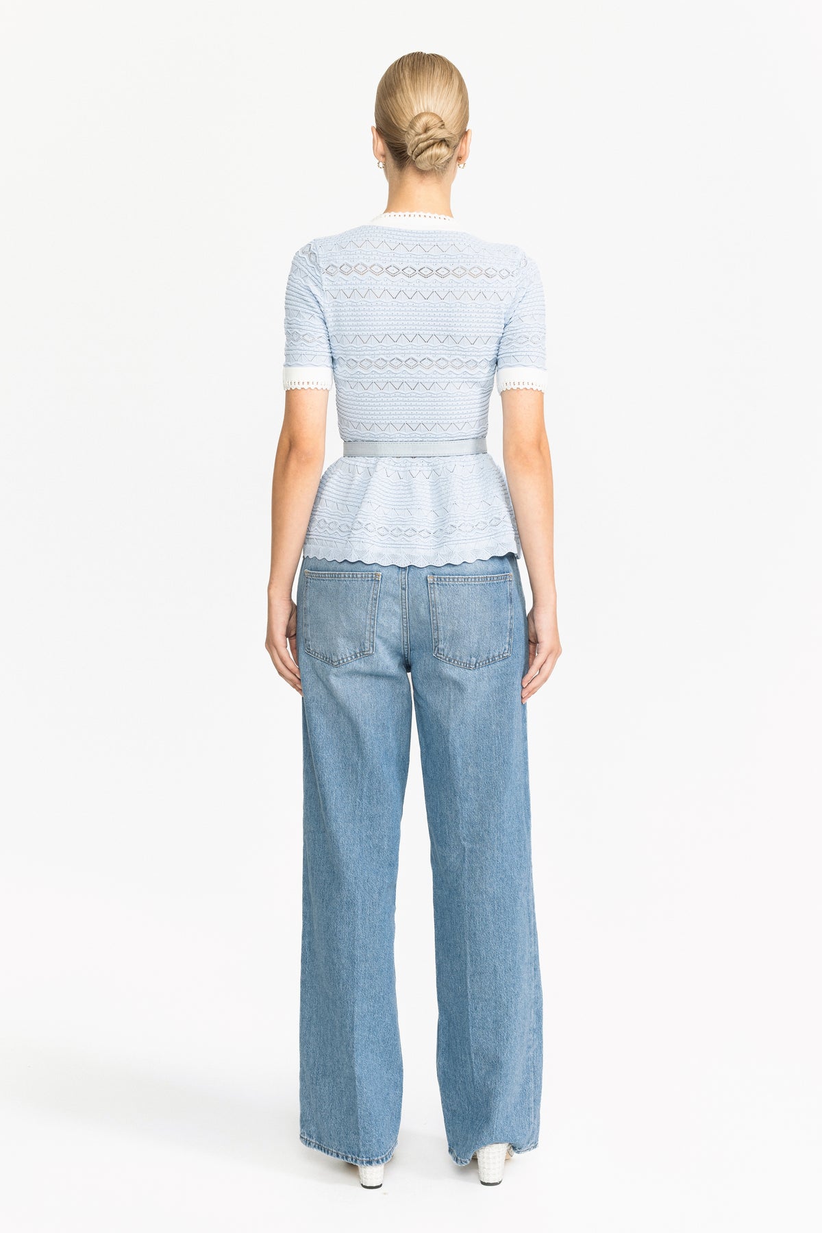 Pointelle Knit Bow Peplum Top - Light Blue