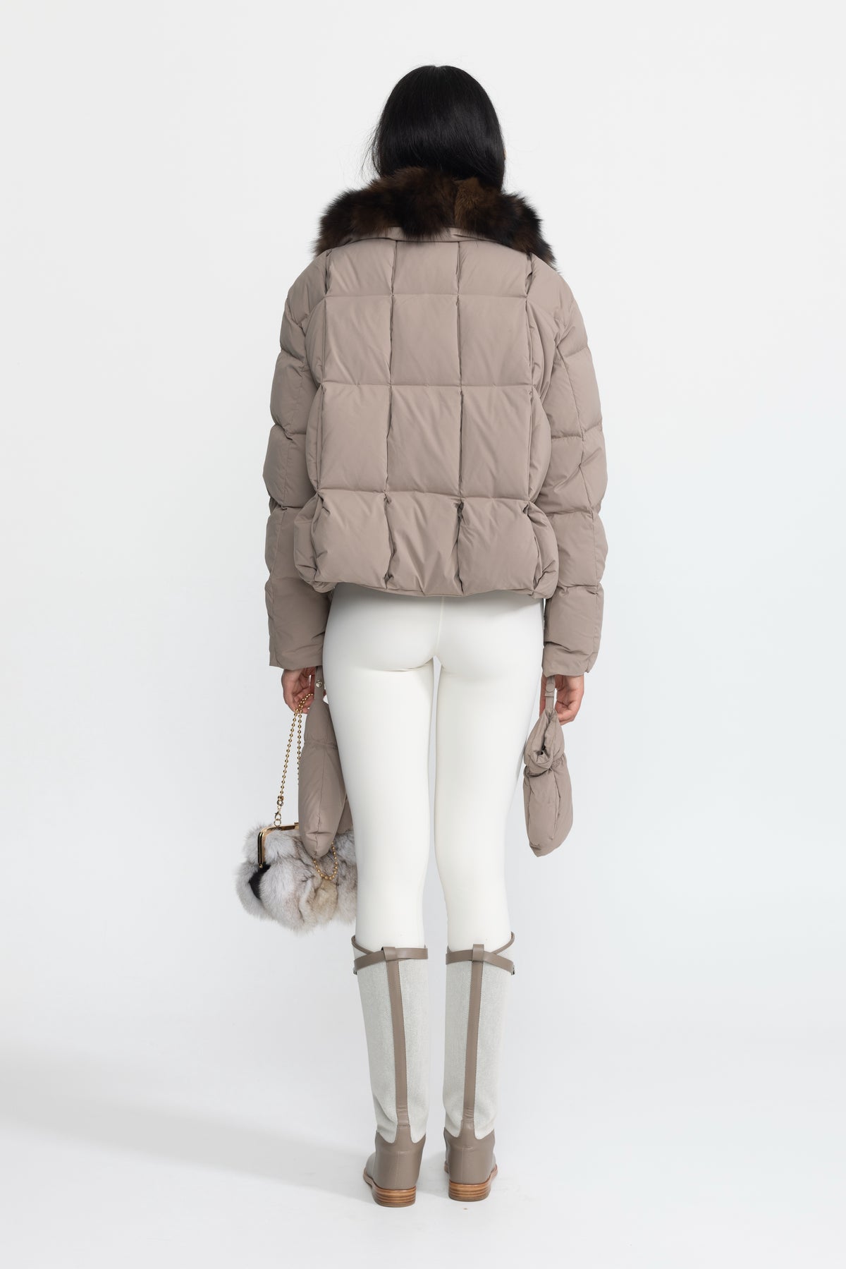 Fox Fur Collar Cropped Down Puffer Jacket - Taupe
