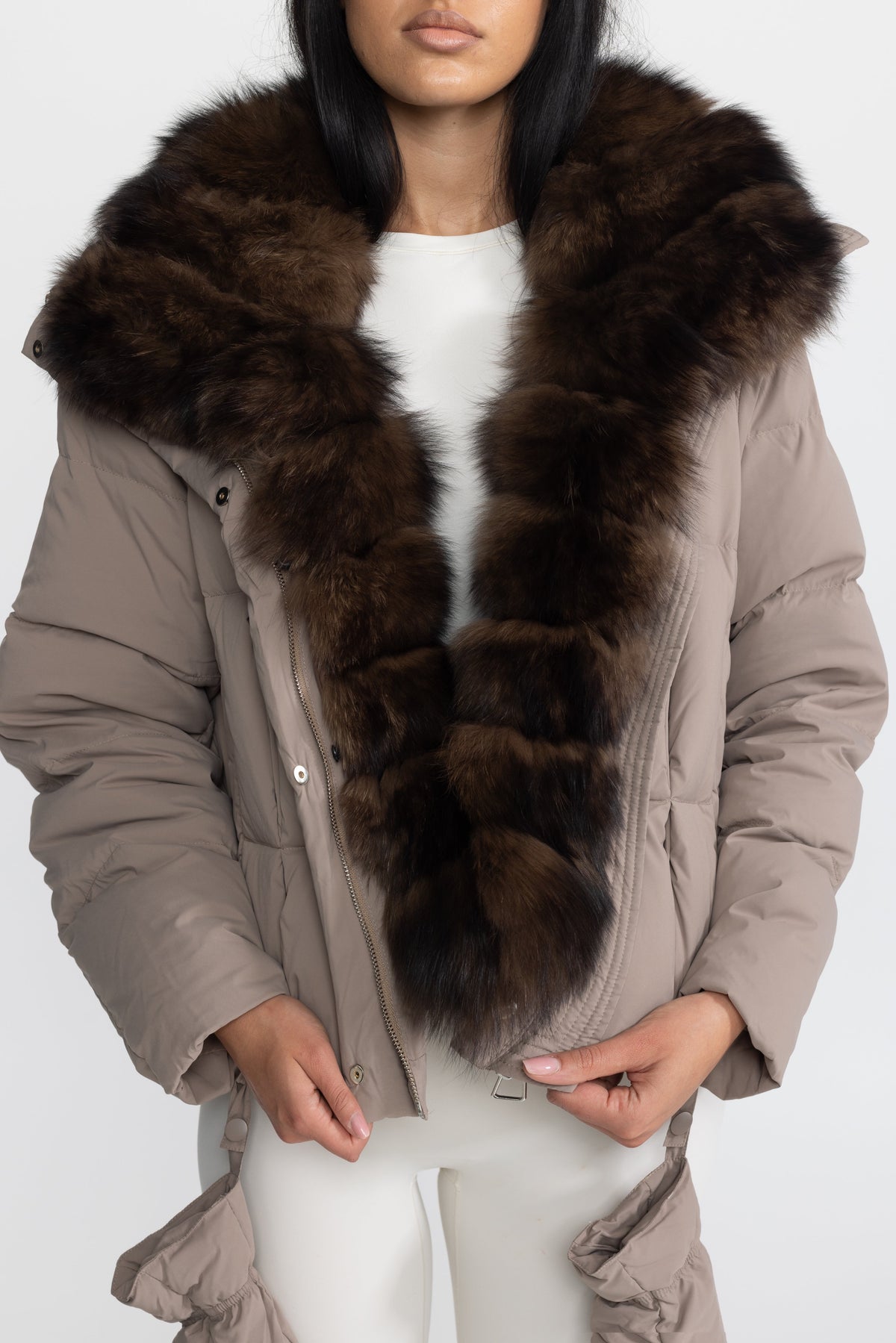 Fox Fur Collar Cropped Down Puffer Jacket - Taupe