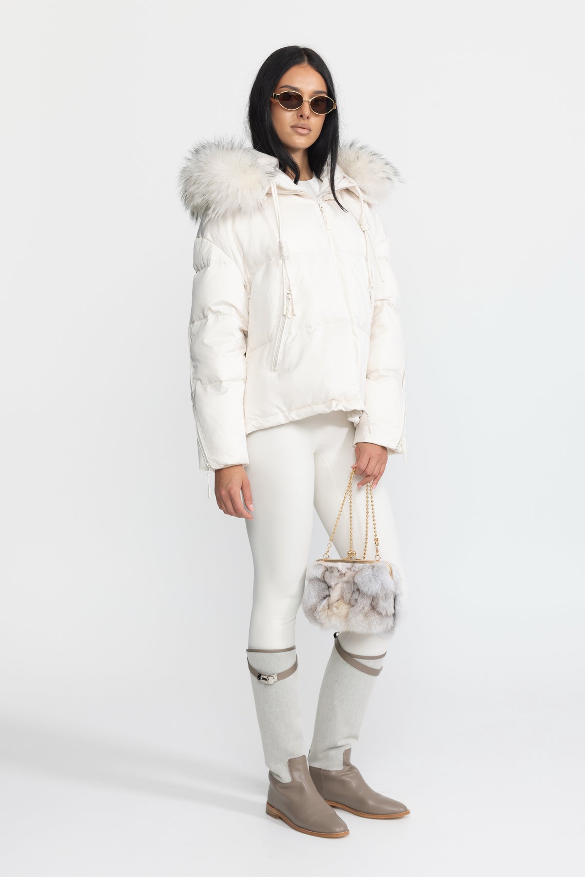 Raccoon Fur Hood Cropped Down Puffer Jacket - Ivoire