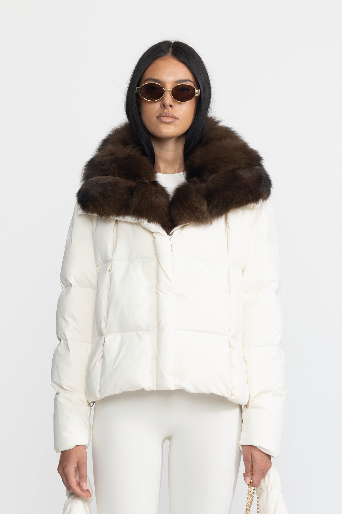 Fox Fur Collar Cropped Down Puffer Jacket - Ivoire