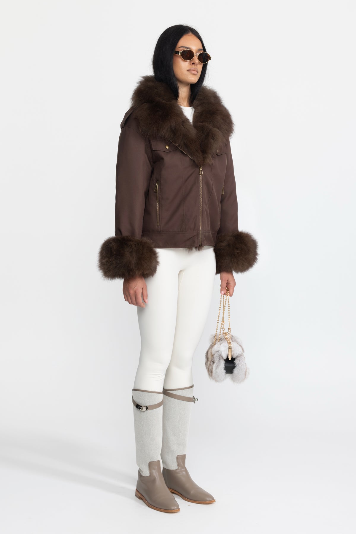 Fox Fur Collar and Cuff Down Utility Jacket - Chocolate