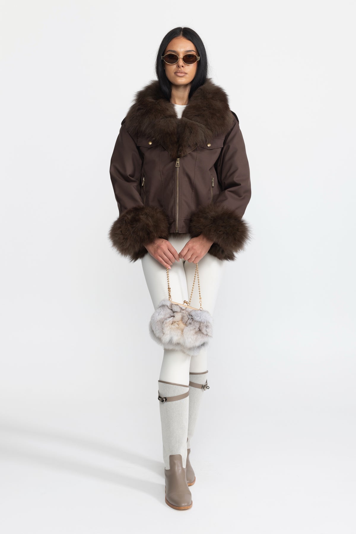 Fox Fur Collar and Cuff Down Utility Jacket - Chocolate