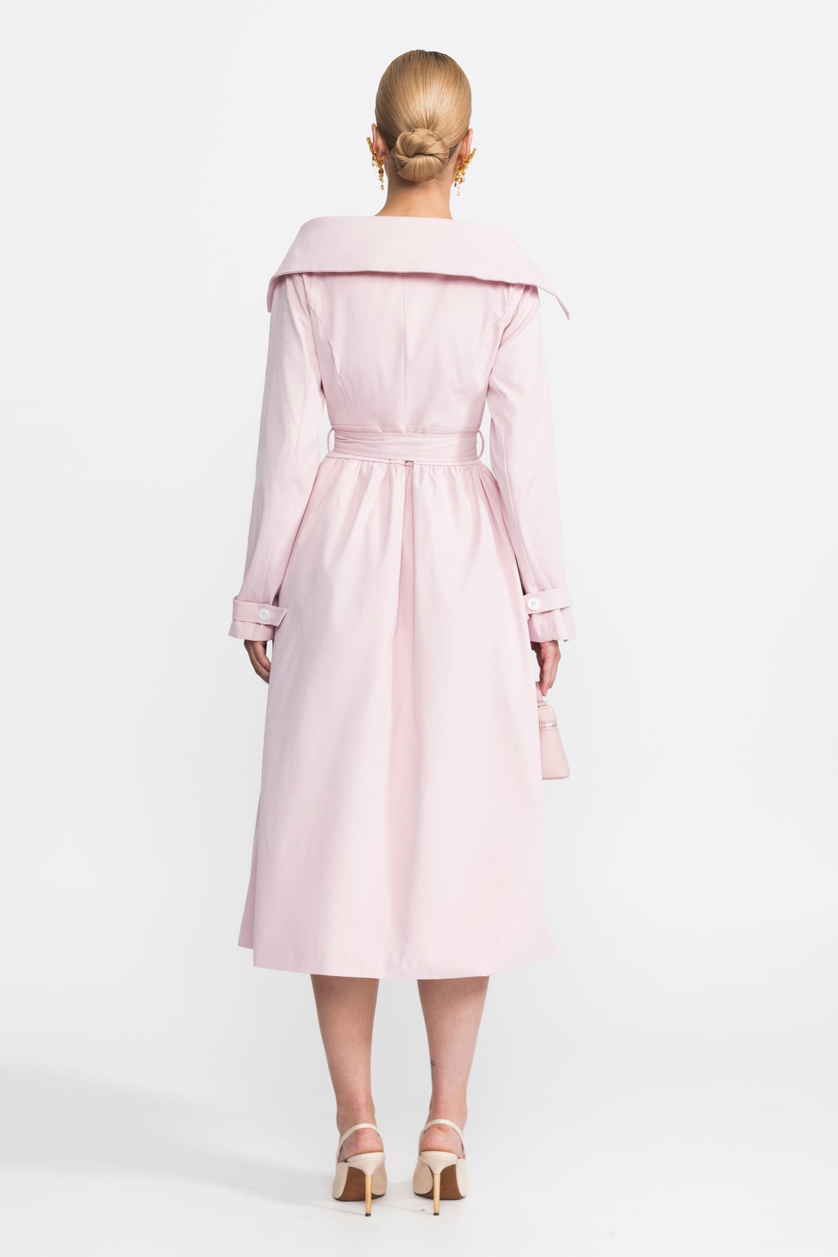 Off-Shoulder Collar Belted Trench Dress - Pink