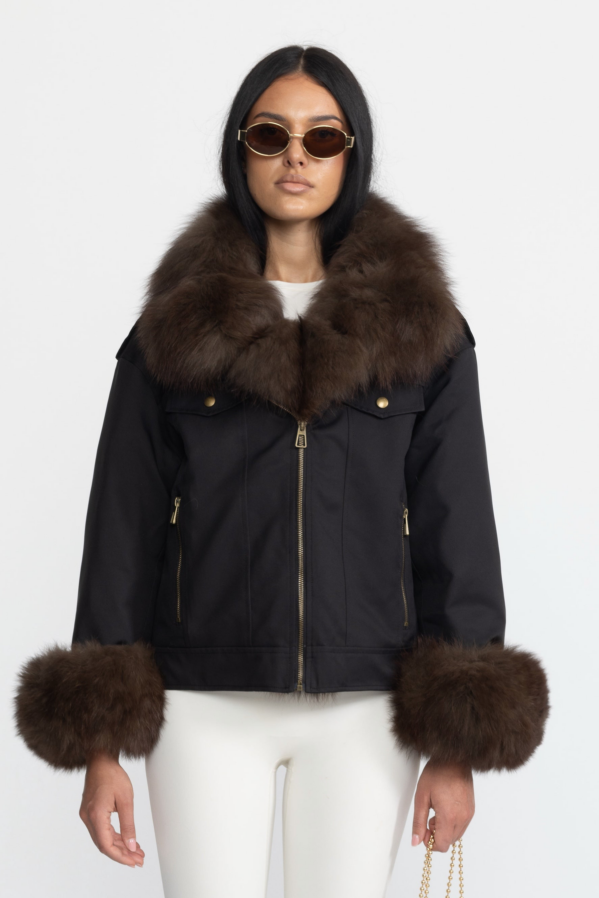 Fox Fur Collar and Cuff Down Utility Jacket - Black