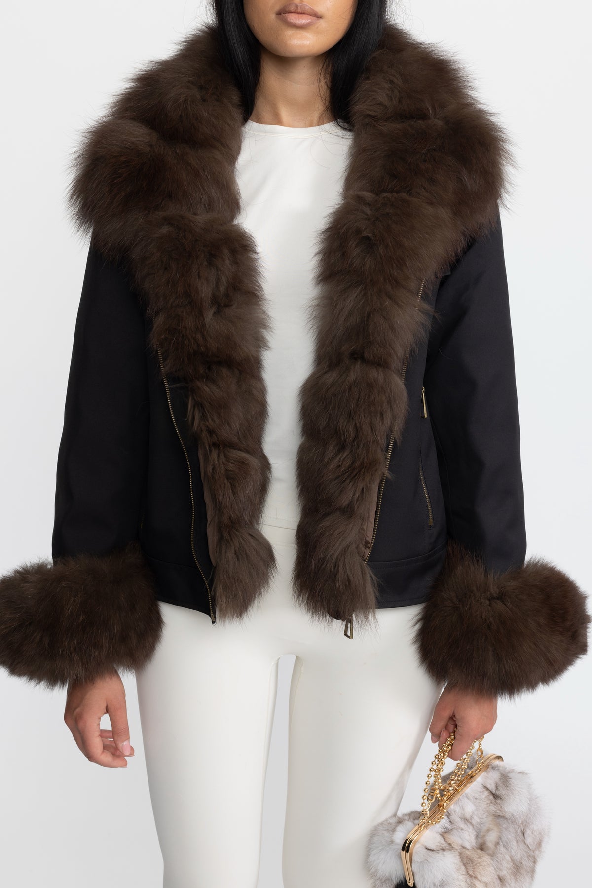 Fox Fur Collar and Cuff Down Utility Jacket - Black