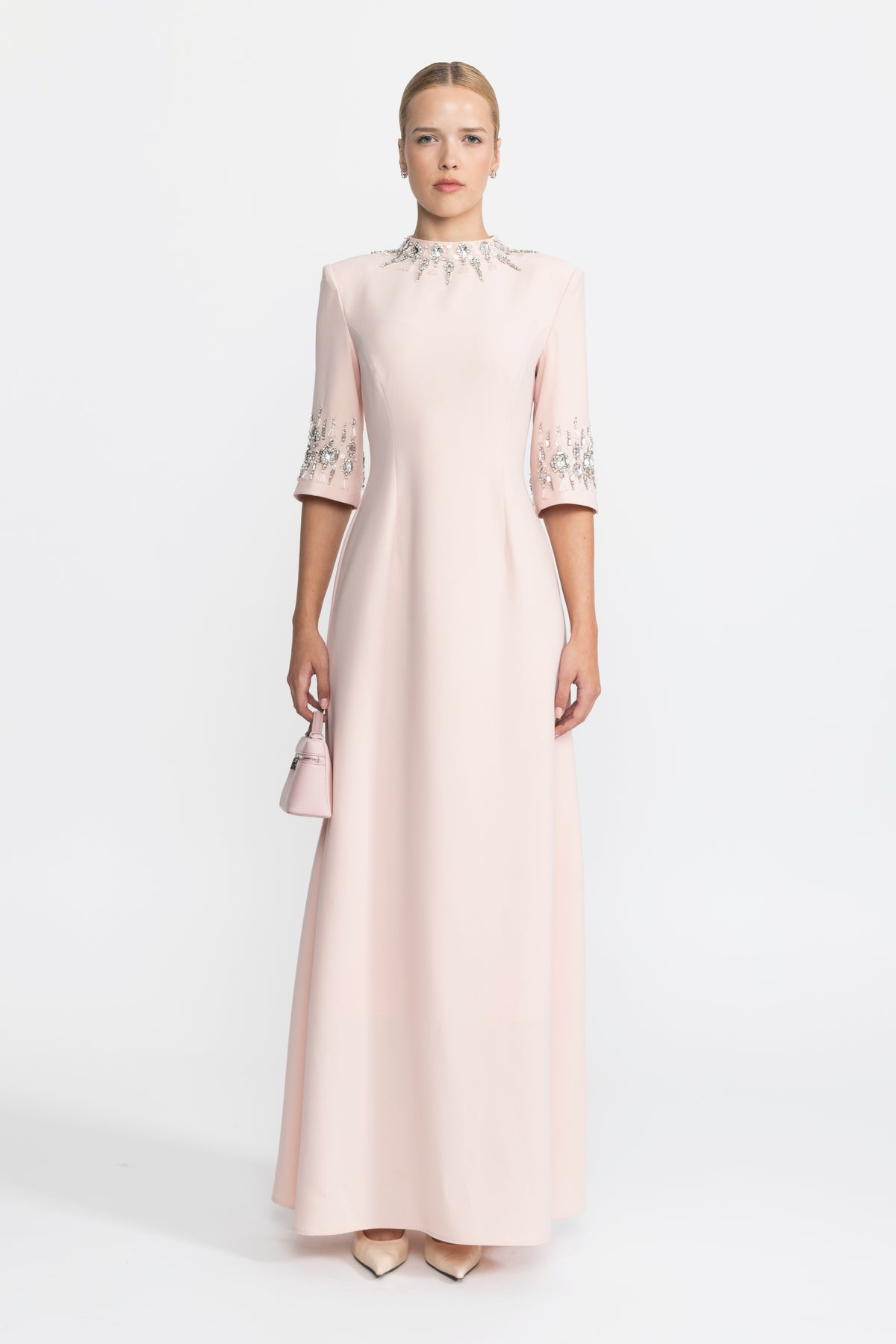Crystal Embellished Collar and Cuff Maxi Dress - Pink
