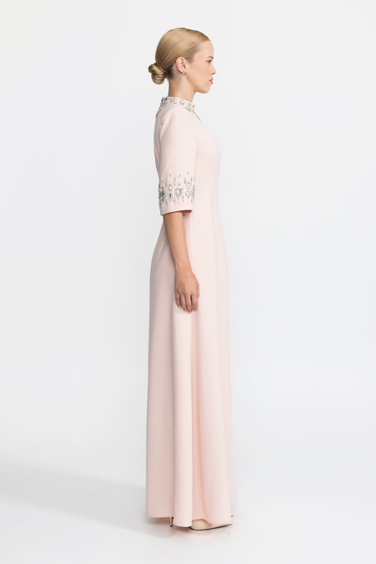 Crystal Embellished Collar and Cuff Maxi Dress - Pink