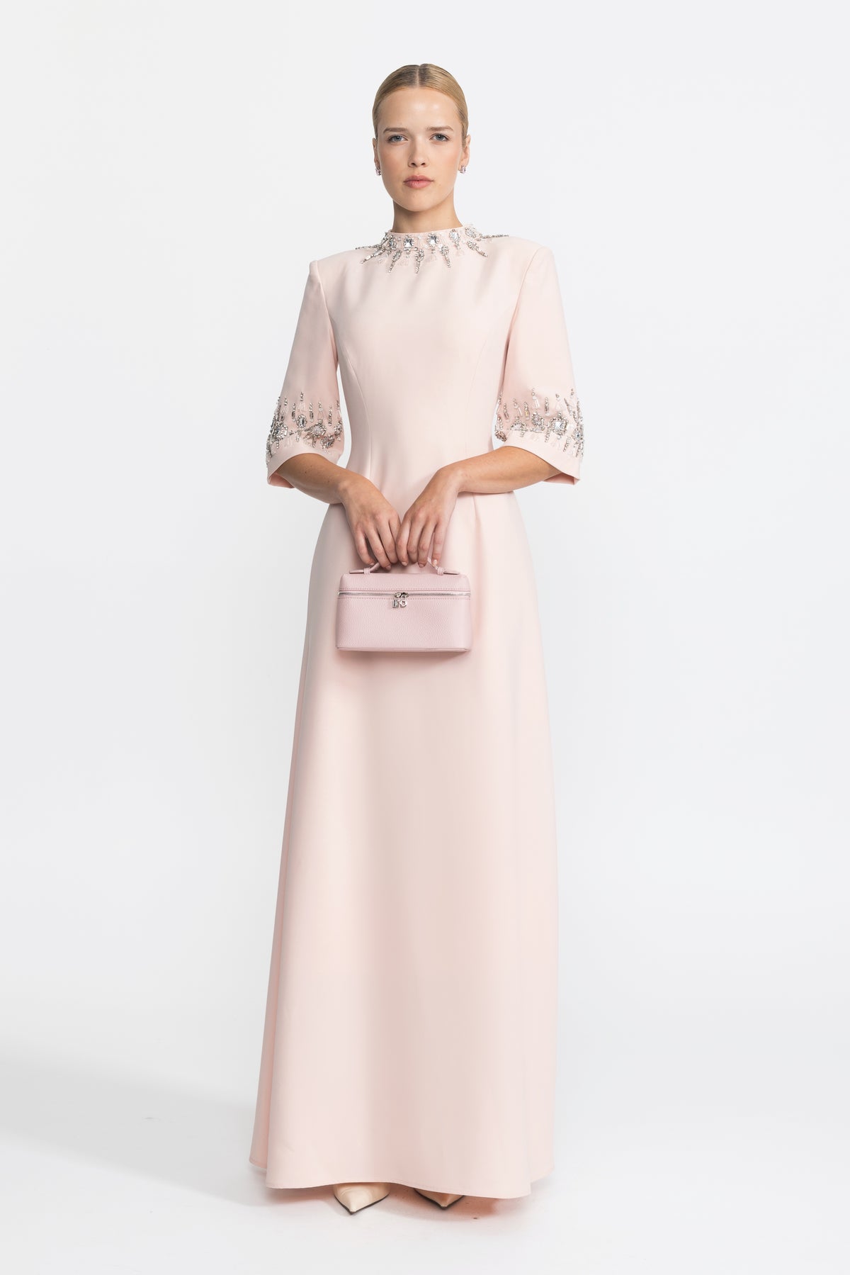 Crystal Embellished Collar and Cuff Maxi Dress - Pink