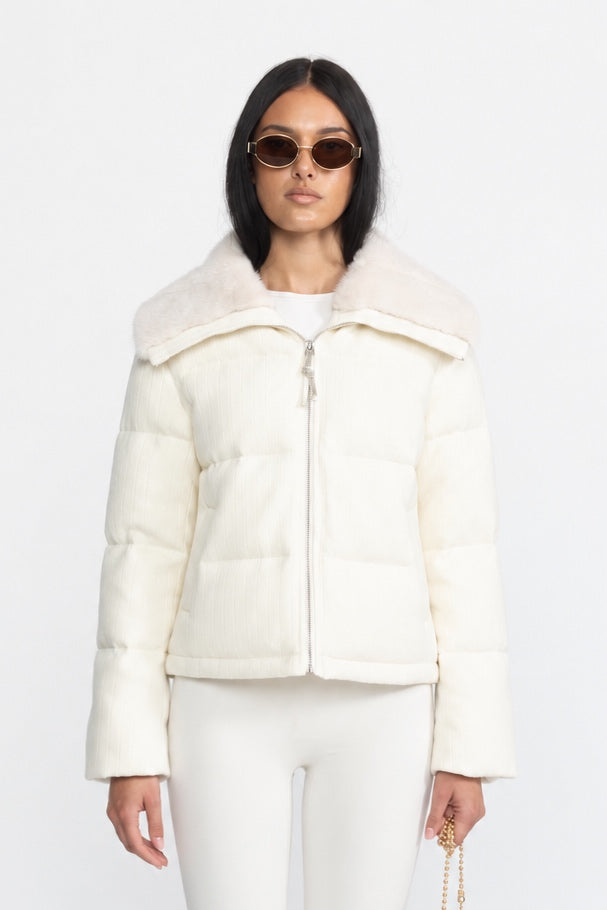 Ribbed Cashmere Down Puffer Jacket with Mink Fur Collar - Ivoire