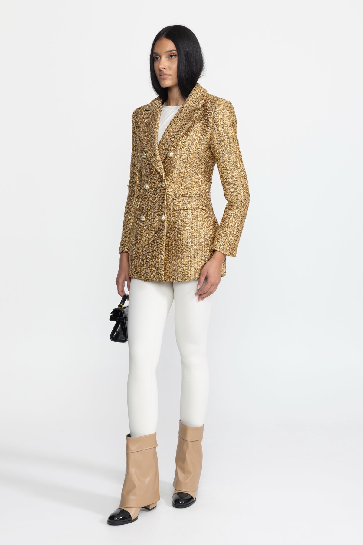 Metallic Tweed Double-Breasted Blazer with Pearl Buttons - Gold
