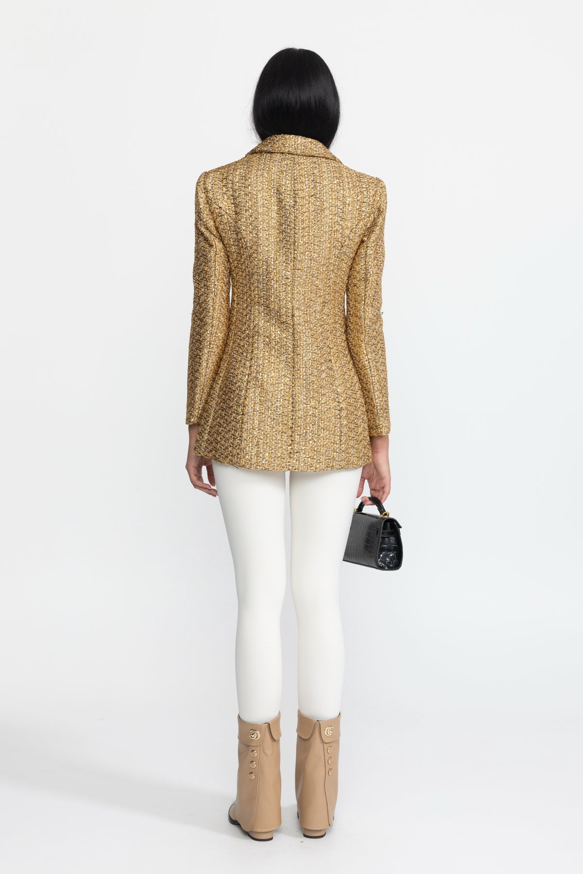 Metallic Tweed Double-Breasted Blazer with Pearl Buttons - Gold