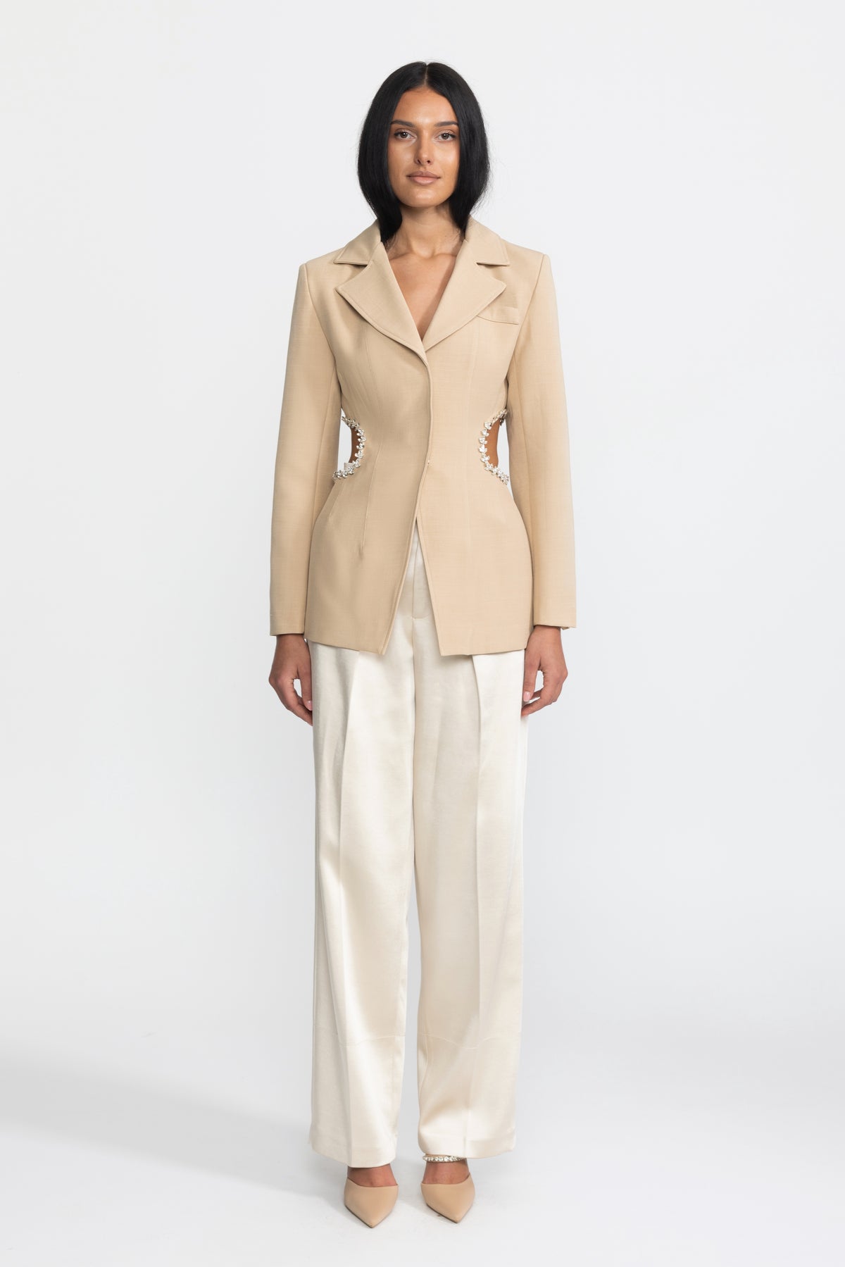 Crystal Trim Cutout Waist Tailored Blazer - Beige