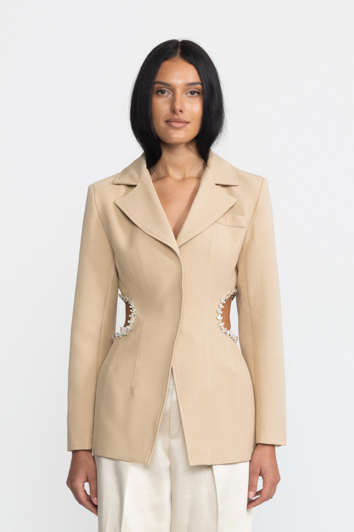 Crystal Trim Cutout Waist Tailored Blazer - Beige