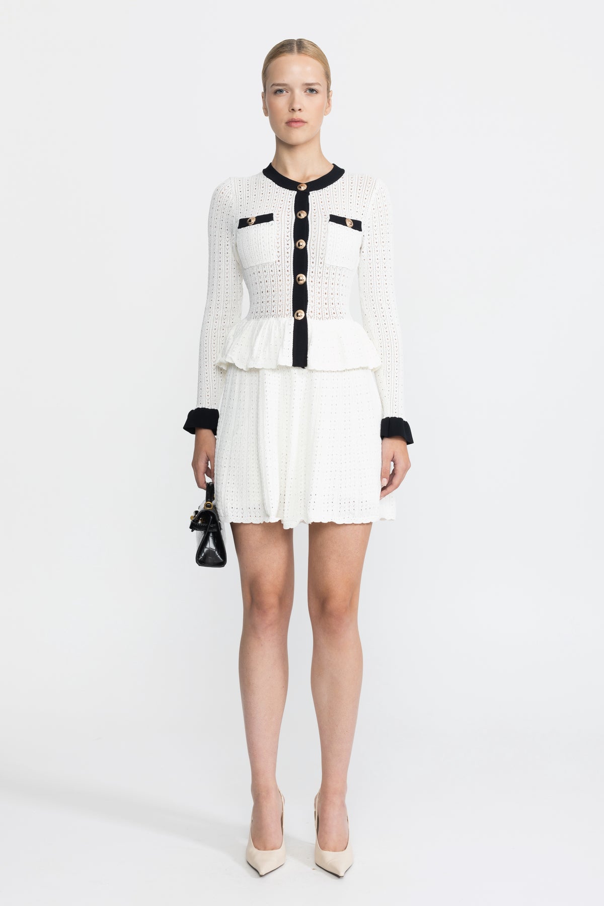 Pointelle Knit Peplum Mini Dress with Gold Buttons - White