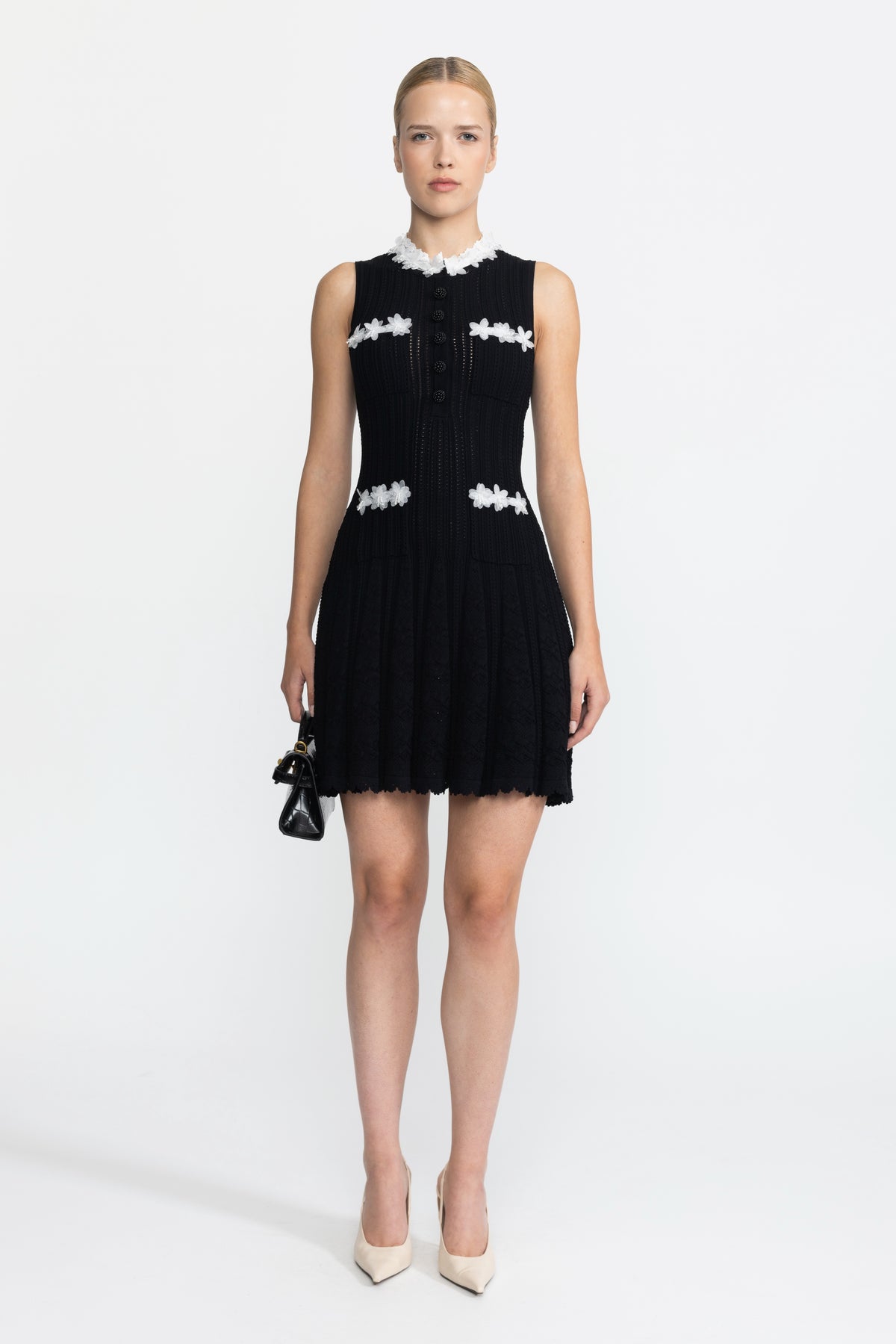 Organza Flower Trim Pointelle Knit Mini Dress - Black